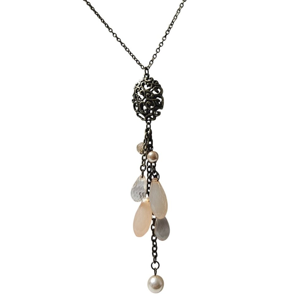 Vintage Bronze Filigree Pendant Necklace Faux Pearl Crystal Bead Accents Jewelry